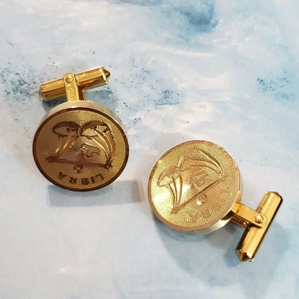 Vintage Destino Libra Zodiac Cufflinks 1970s Gold Tone Designer Signed‎ .75